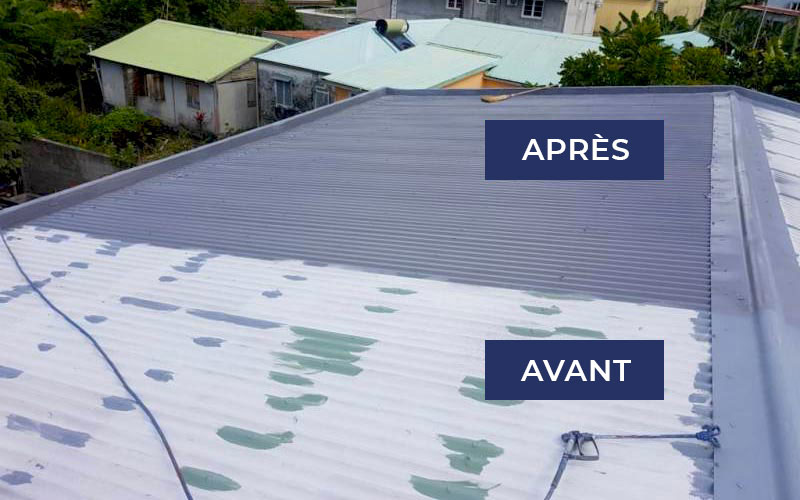 Roofing and facade work in Marigot : waterproofing and water-repellent painting of sheet metal roofing, steel deck. Facade painting. HLS ROOF FACADE SAINT MARTIN 